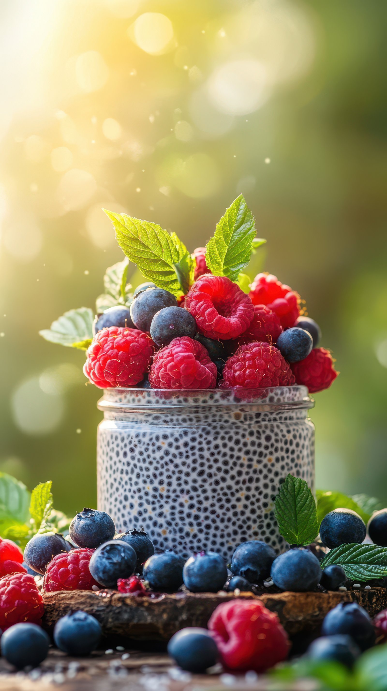 Delicious berry parfait with chia seeds garnished with fresh mint in natural light background
